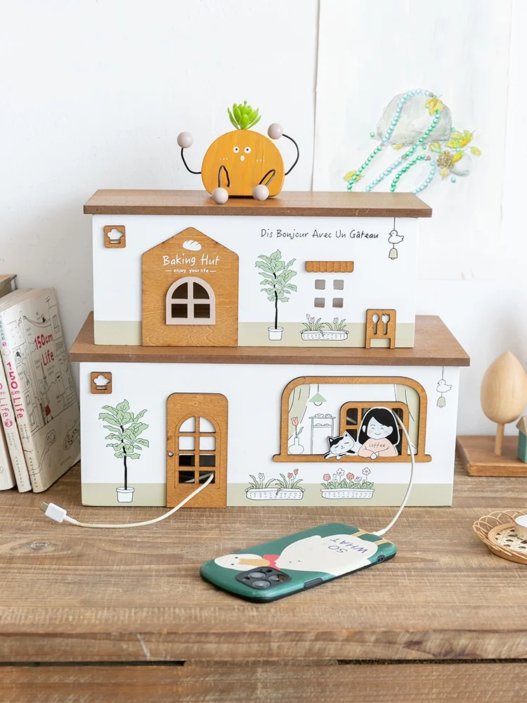 Aying Cable Management Box TV Cabinet Cord Concealer Decorative Desktop Organizer Hidden Solution Wood Material Living Room