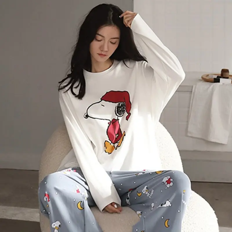 New Kawaii Cute Snoopy Pajamas Thin Style Long Pants Long Sleeves Loose Casual Sweet Home Clothes Birthday Gifts Girlfriend Gift