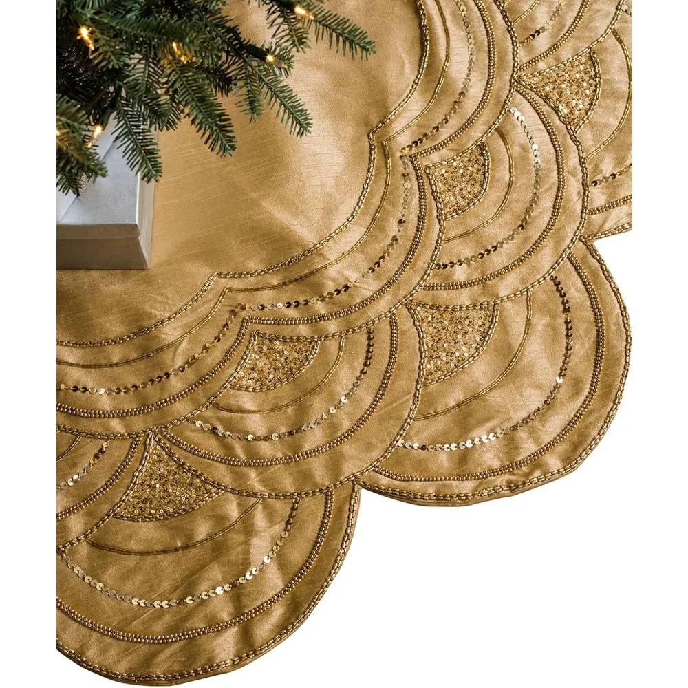 Elizabeth Beaded Tree Skirt in Gold with 60 Inch Diameter, Scalloped Edges with Hand-Applied Beads and Sequins