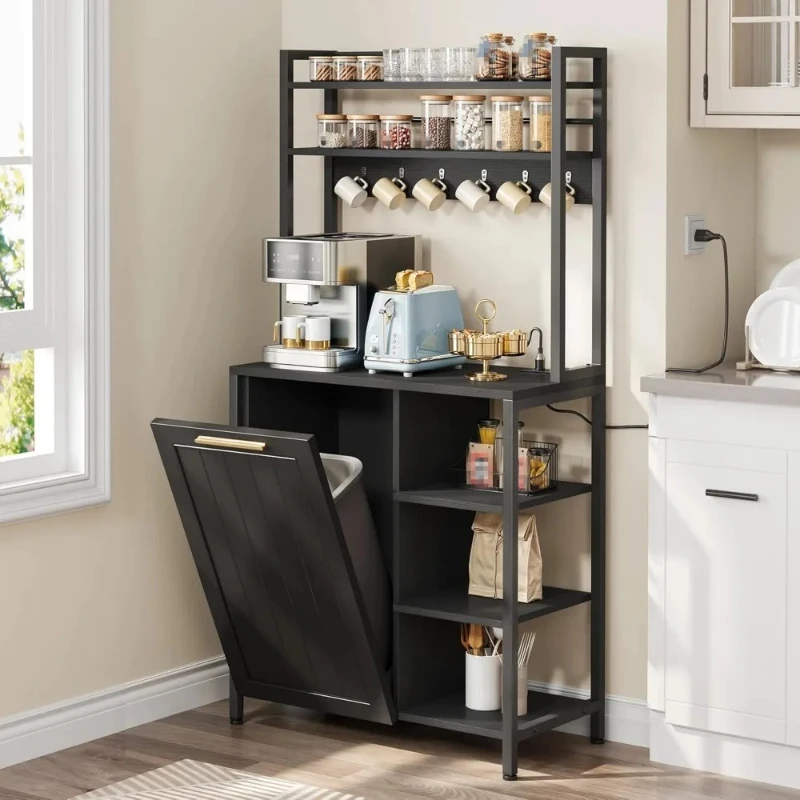 Bakers Rack with Storage Microwave Stand with Trash Can Bin Cabinet and Power Outlet 6-Tiers Coffee Stand Large Microwave Table