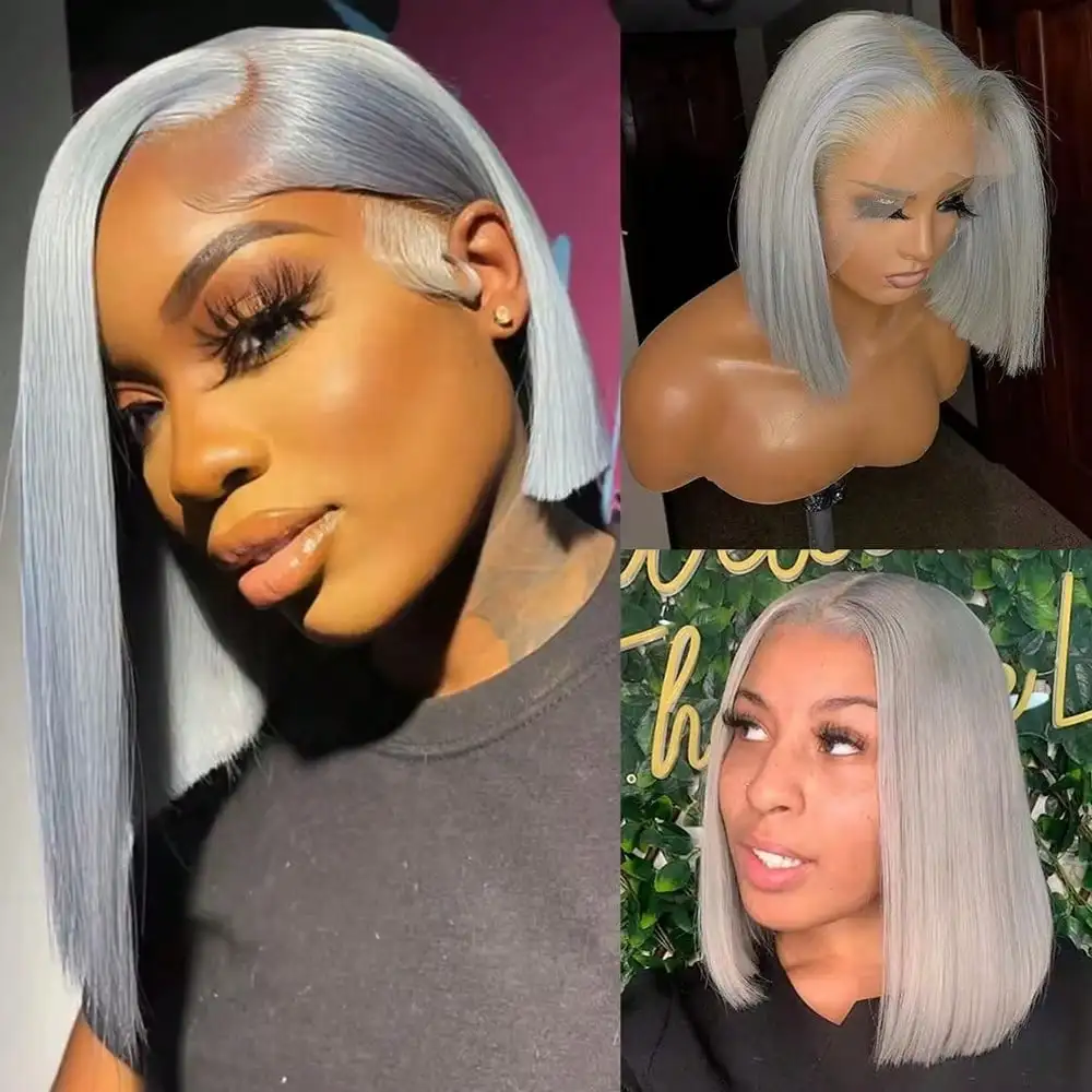 

Silver Grey Bob Straight Wig Human Hair 13x4 HD Lace Front Wigs Human Hair 180 Density straight lace front wigs human hair