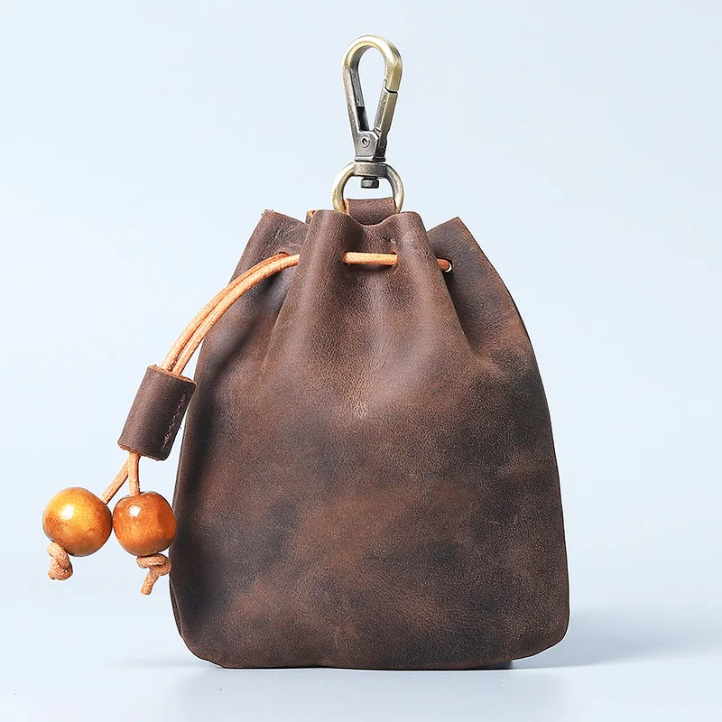 Handgefertigter Vintage-Geldbeutel aus echtem Leder mit Kordelzug, Mini-Portemonnaie aus weichem Leder, Schlüsselbörse für Damen – Detail 7
