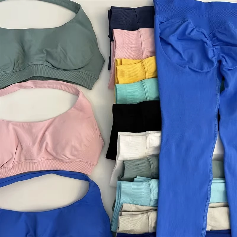 بدلة يوجا للسيدات بدون خياطة؛ طماق للياقة البدنية مكونة من قطعتين؛ مجموعة سراويل اليوغا لرفع الورك؛ بدلة رياضية للصالة الرياضية؛ حمالة صدر رياضية بدون ظهر مع