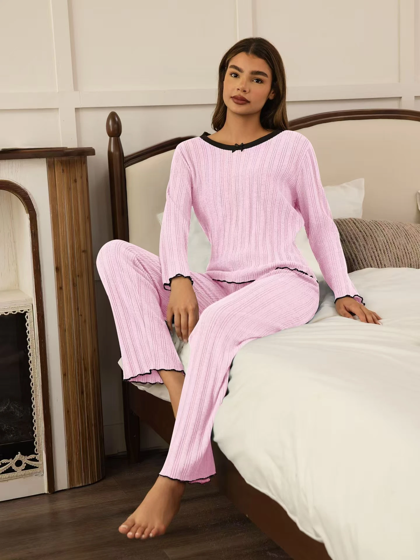 

Комплект из топа и брюк с узлом Long Sve, домашняя одежда, комплект из двух предметов для молодых женщин, удобная дышащая осенняя домашняя одежда