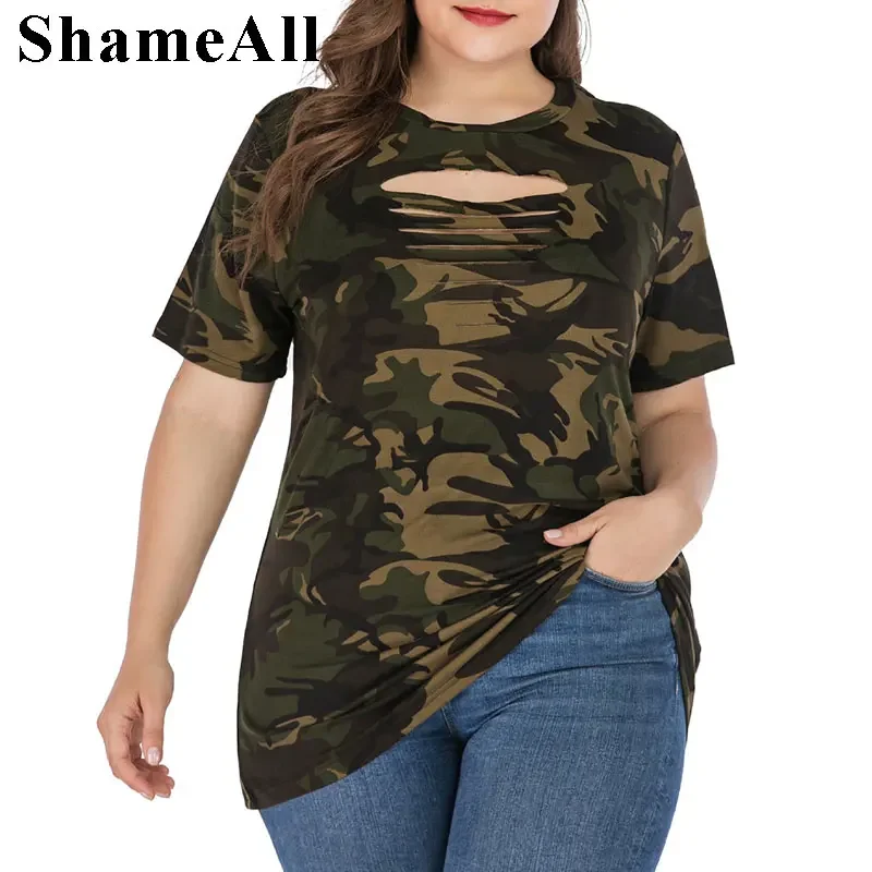 Plus Size Ripped Hollow Out Camouflage Printing Tees 3XL 4XL Women Summer Streetwear Lace Up Short Sleeve T-Shirts Tops