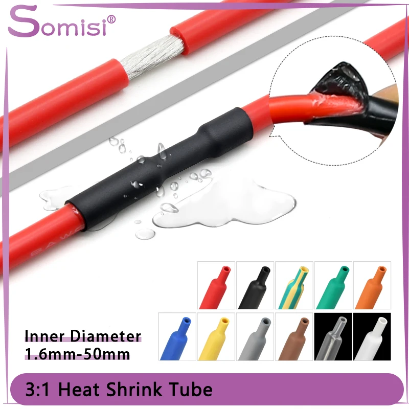 

1m 3:1 Heat Shrink Tube With Double Wall Glue Tube Diameter 1.6/2.4/3.2/4.8/6.4/7.9/9.5/12.7/15.4/19.1/25.4/30/39/50mm 9 Colors