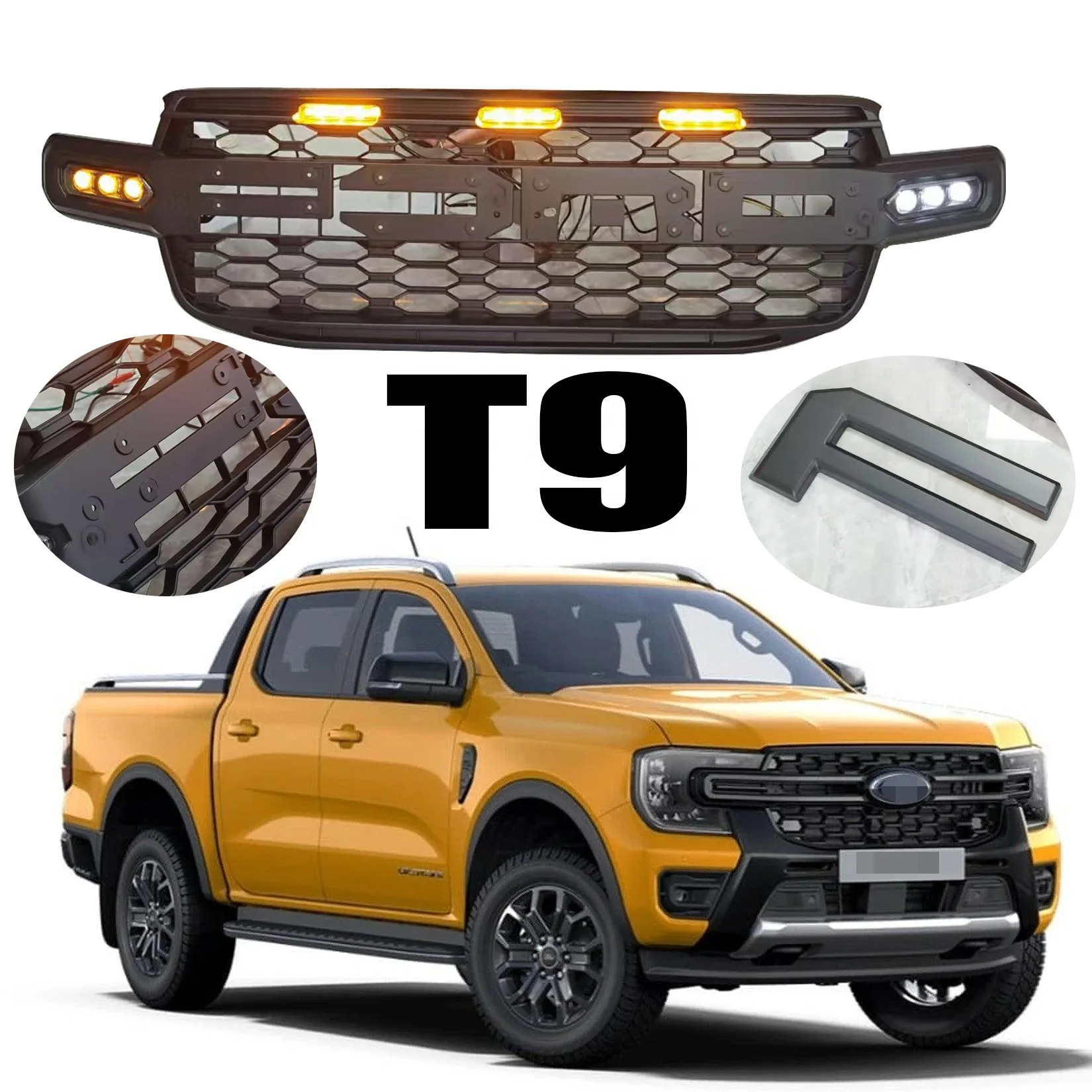 Stormtrak Design Raptors Style Side LED Light Car Grille for Ford Ranger Wildtrak T9 2022 2023 2024 ABS Plastic Front Grill