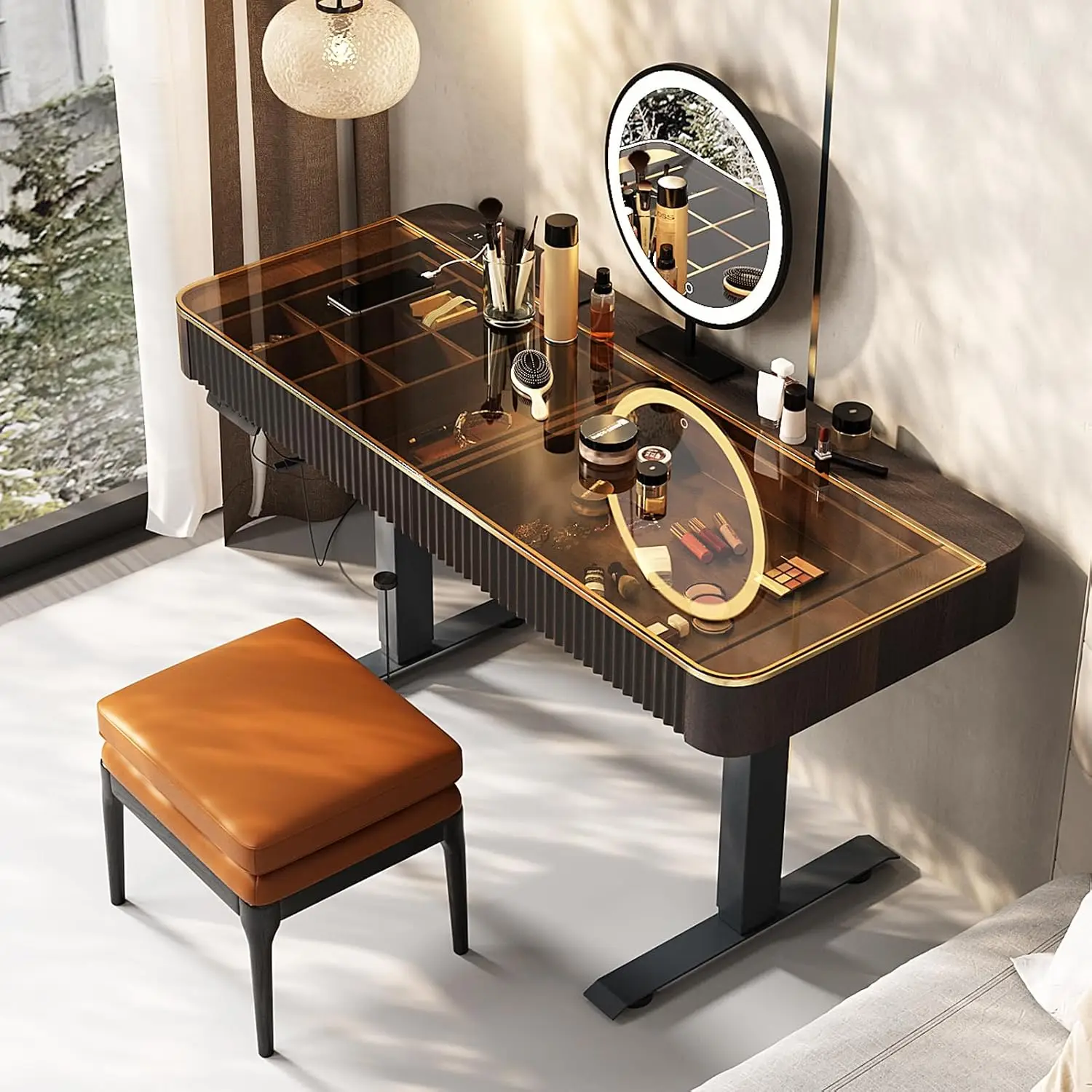 Vanity Table with Stool,Electric Lift Vanity Desk,Vanity Set，Up and Down Desk, Standing Vanity with Drawer (Black, Customized