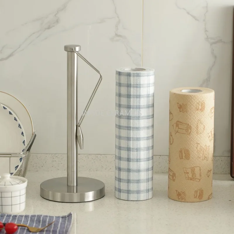 1pc Stainless Steel Paper Towel Holder Countertop Stand with Spring Arm One‑Hand Tear Kitchen Roll Paper Holder Organizer