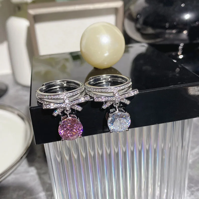 MDLFES Moiss1nite نمط الفراشة الجنية الدائري النساء ظهرت 8A سحق الحلو الوردي شرابة خواتم