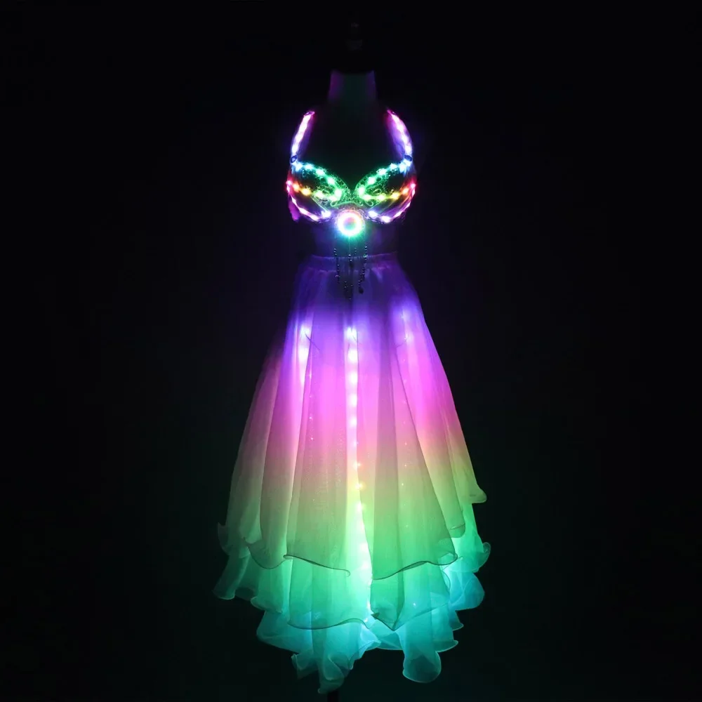 LED Color Lights Women Belly Dance Split Skirt Sexy Professional Bellydance Training Clothes Dancing Costumes