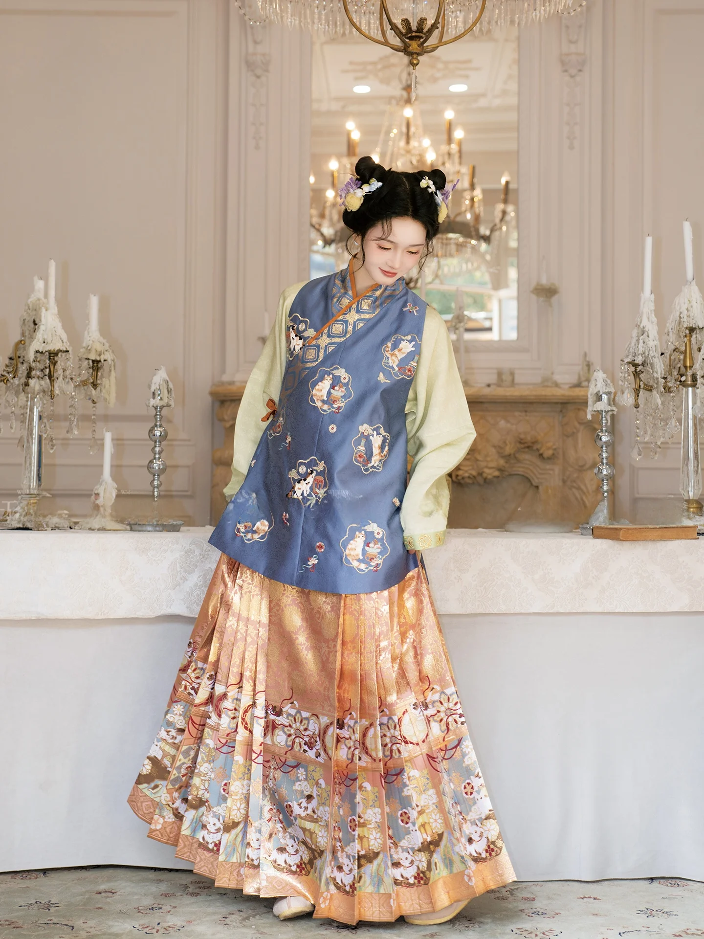 No Two Gatherings Ming Dynasty Style Embroidered round Neck Women's Hanfu Top And  Tailed Skirt Four Season Universal