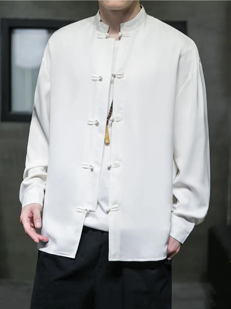 

New Chinese Sle Long Sve irt Men's Spring Outerwear Stand Collar Button down Tang Costume Modified Hanfu Robe Youth Fa...