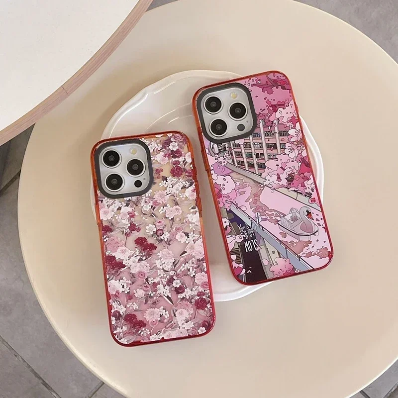 

Flower Sakura Peach Gradient Border 2.0 Acrylic Phone Case Cover for IPhone 11 12 13 14 15 16 Pro Max Case