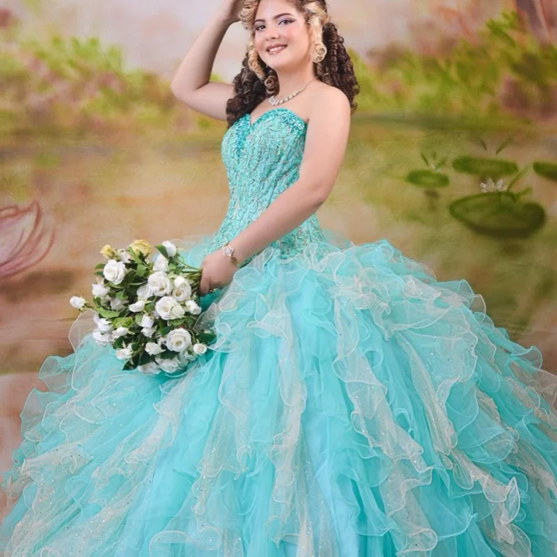 

Индивидуальные платья Quinceanera цвета озерно-синего цвета с открытыми плечами и аппликацией из блесток, тюлевое кружево, многослойное платье с длинным хвостом, Vestido 15, Quinceanera