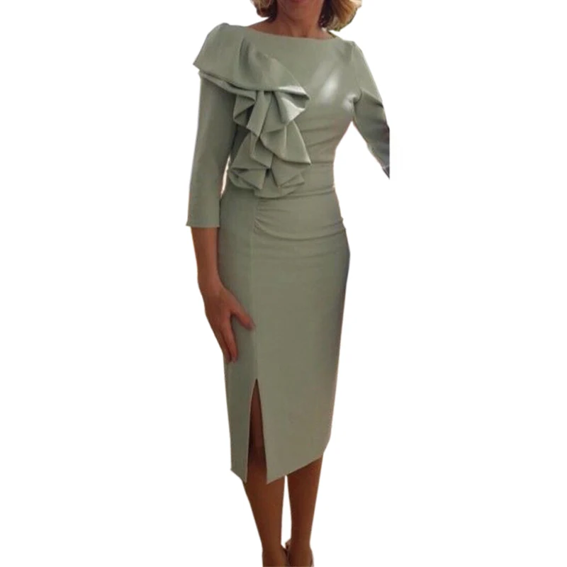 

Sage Green Pencil Dress with Shoulder Ruffle Detail and Front Slit Elegant Mother of the Bride Attire for Spring Summer Nuptials