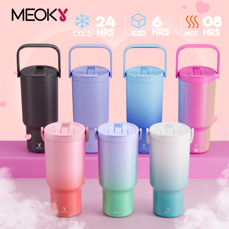 Meoky 32oz Cup Stainless Steel Water Bottle With Lid Pink Leak-proof Vacuum Cup Insulated Coffee Car Mug Juice Milk Tea Cup