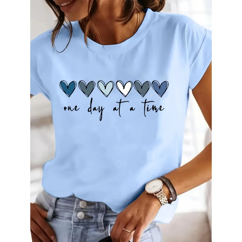 Women'S Casual Graphic T-Shirt - It'S One Day at a Time Heart Print Short Sleeve Round Neck Top Minimalist Fresh And Stylish