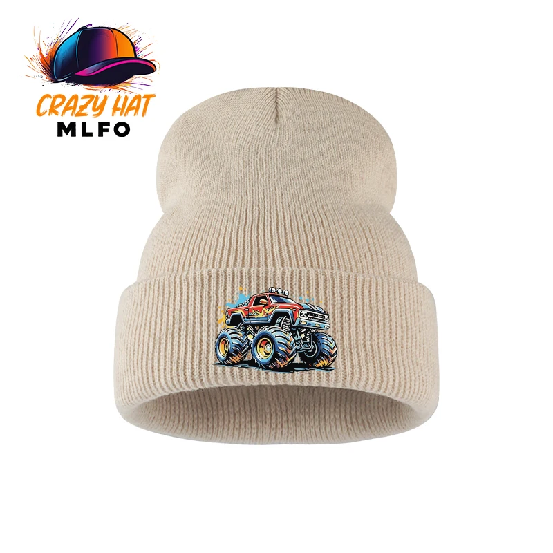 Cool Boys Outfit Knit Cold Hat 1‑3Y Monster Truck Cartoon Print Toddler Knitted Beanie Playtime Children Head Cap view 4