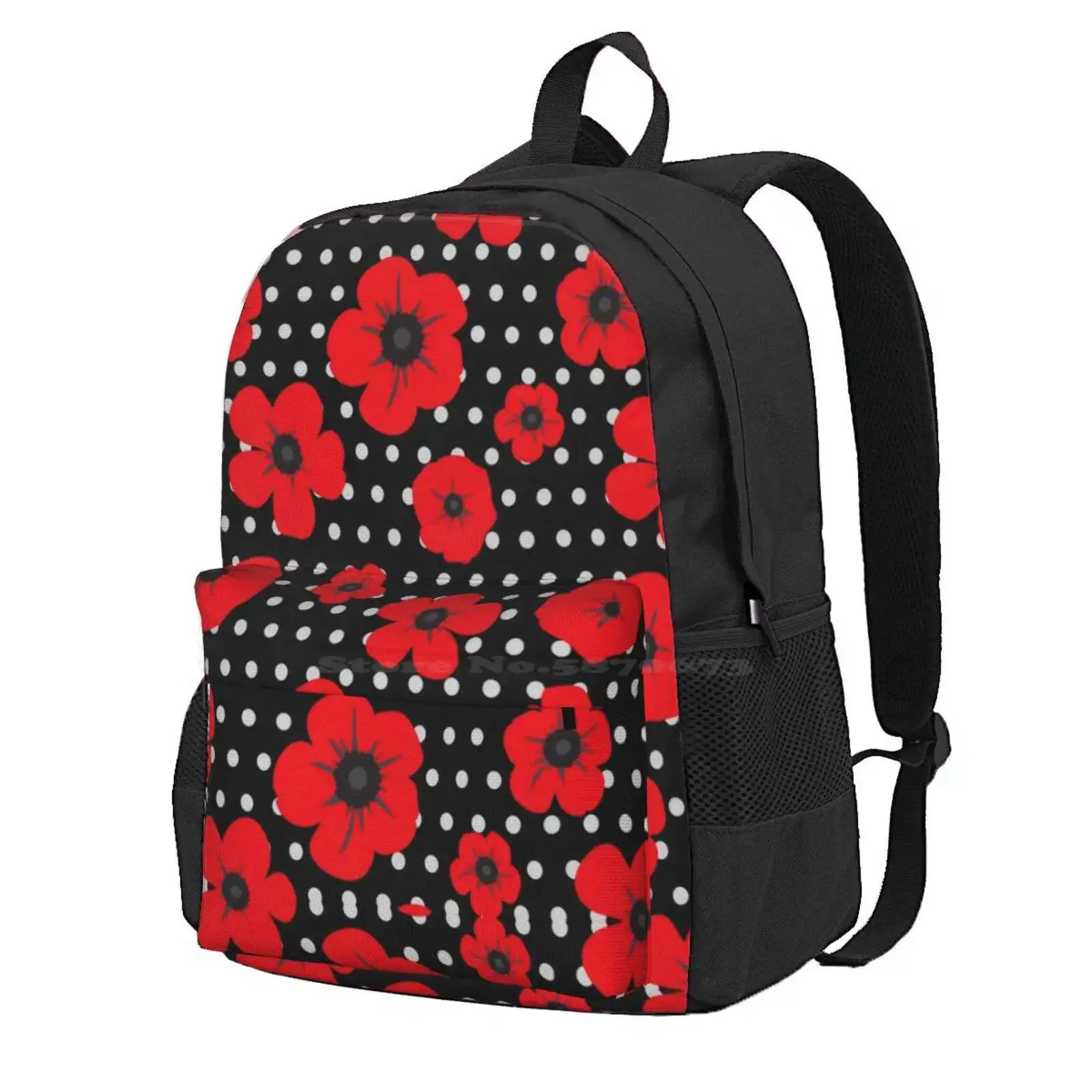 

Red Poppy And Polka Dot Pattern Hot Sale Schoolbag Backpack Fashion Bags Poppy Poppies Polka Dot Pattern Floral Red Black