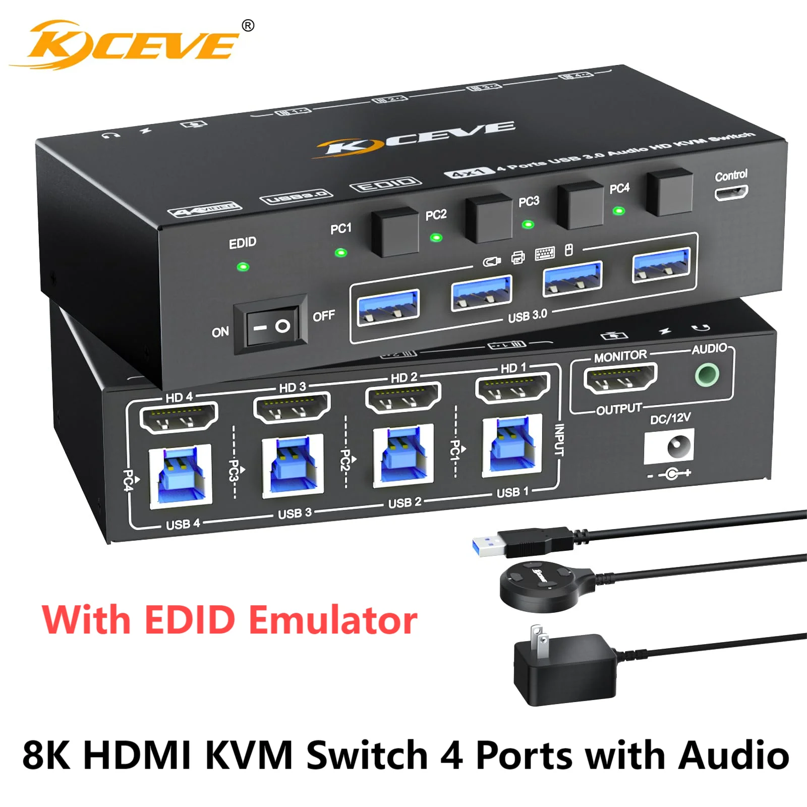 

8K HDMI KVM Switch 4 Ports with Audio,USB 3.0 KVM Switcher Box with EDID Emulator for 4 Computers Share Mouse Keyboard Monitor