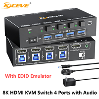 8K HDMI KVM Switch 4 Ports with Audio,USB 3.0 KVM Switcher Box with EDID Emulator for 4 Computers Share Mouse Keyboard Monitor