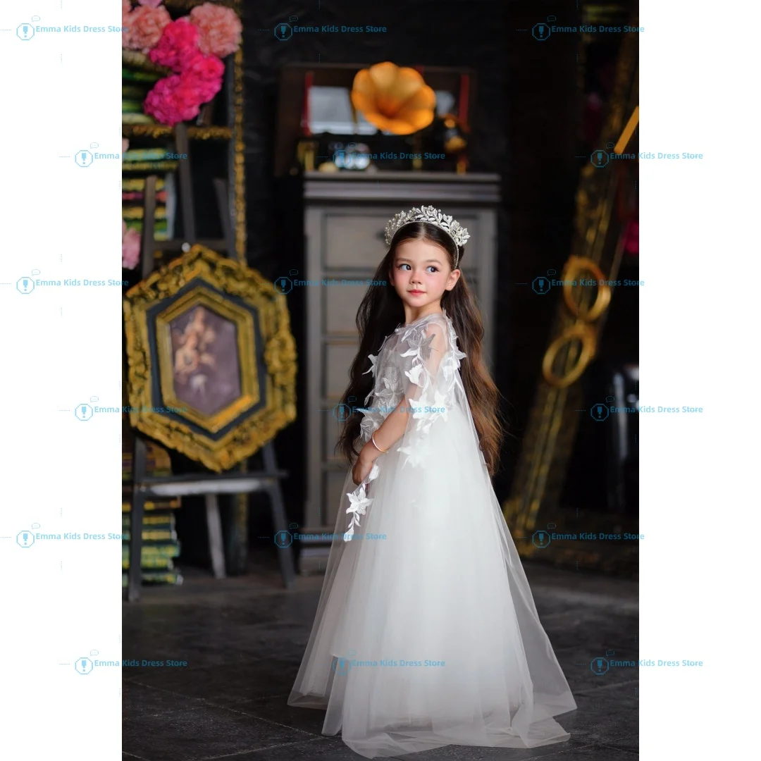 

Custom Elegant Blue Tulle Flower Girl Dress Long Wedding Puff Sleeve with Bow Birthday Party Communion Princess Dress
