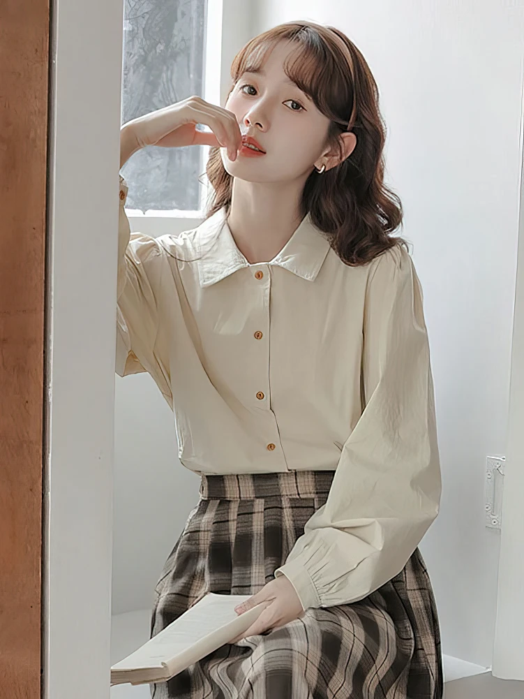 School Vintage Puff Long sleeve Shirt Women Cotton Youthful Basic Casual Blouses Female Top Lady Elegant White Oversized