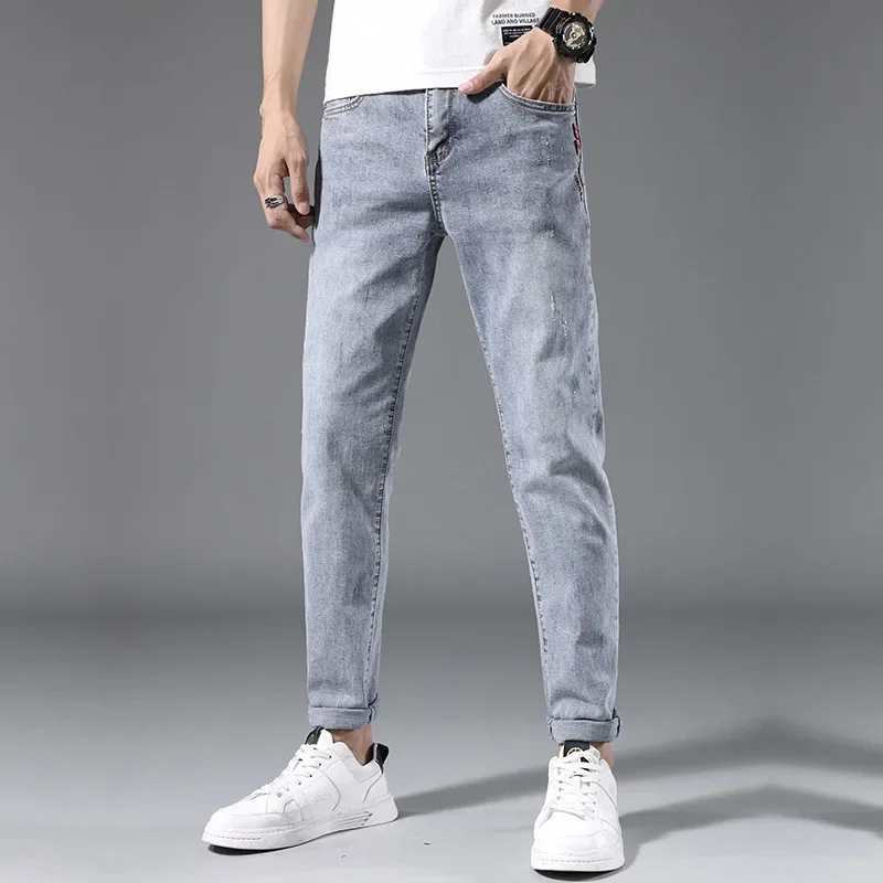 Summer Thin Black Grey Jeans For Men's Slim Fit Feet 2024 New Trend Casual Long Pants Spring And Autumn