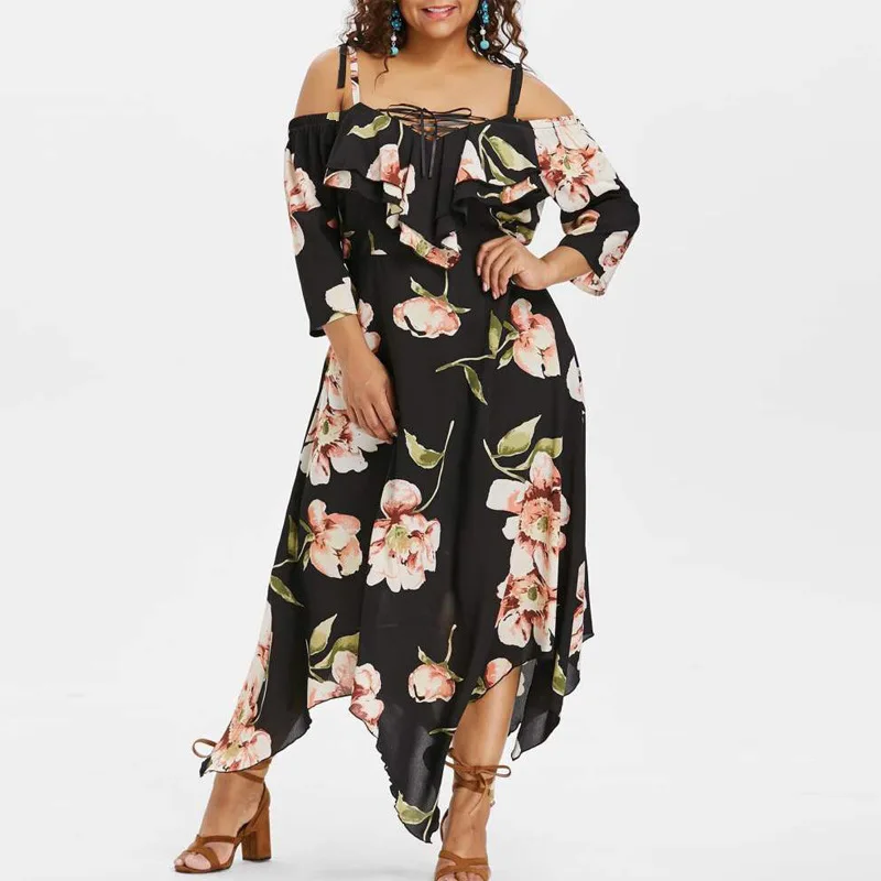 

Women's Plus Size Sexy One-Shoulder Strapless Three-Quarter Sleeve Belted Black Large Flower Print Irregular Hem Long Dress