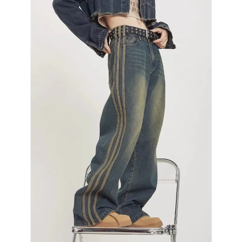 

PB&ZA PB&ZAAmerican high street vintage wash distressed side-striped jeans men's and women's straight-leg loose mopping trousers