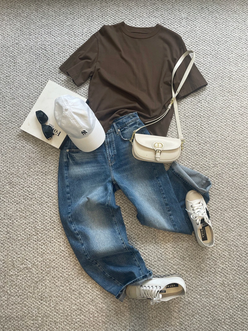 

Cuijia Long Staple Cotton Washed Bleached Nine Points Jeans Natural Waist Straight Leg Jeans Women's Spring Fashion Casual