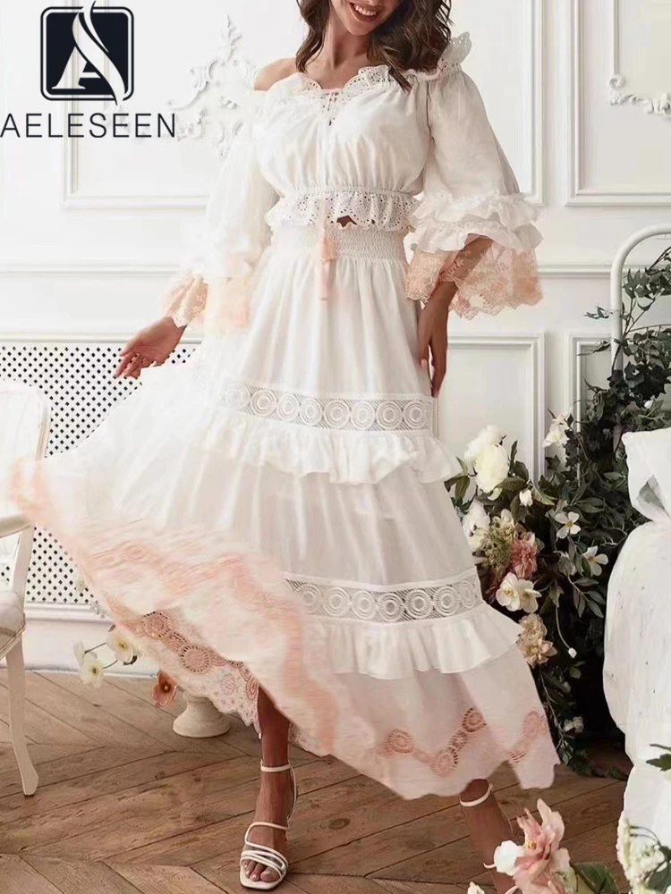 

AELESEEN High Quality Cotton 2 Pieces Set Women's Spring Autumn Flare Sleeve V-Neck Short Top + Elastic Waist Skirt Ruffles Set