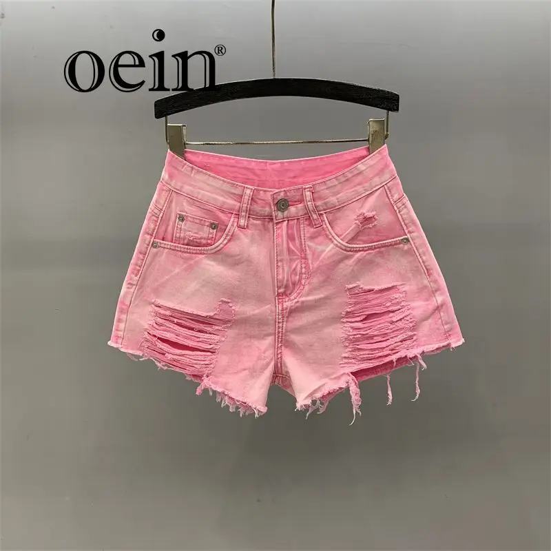 

[oein] Pink Ripped Edge Spicy Girl Denim Shorts Women's Summer New High Waisted Loose Fit Slimming A-line Wide Leg Hot Pants