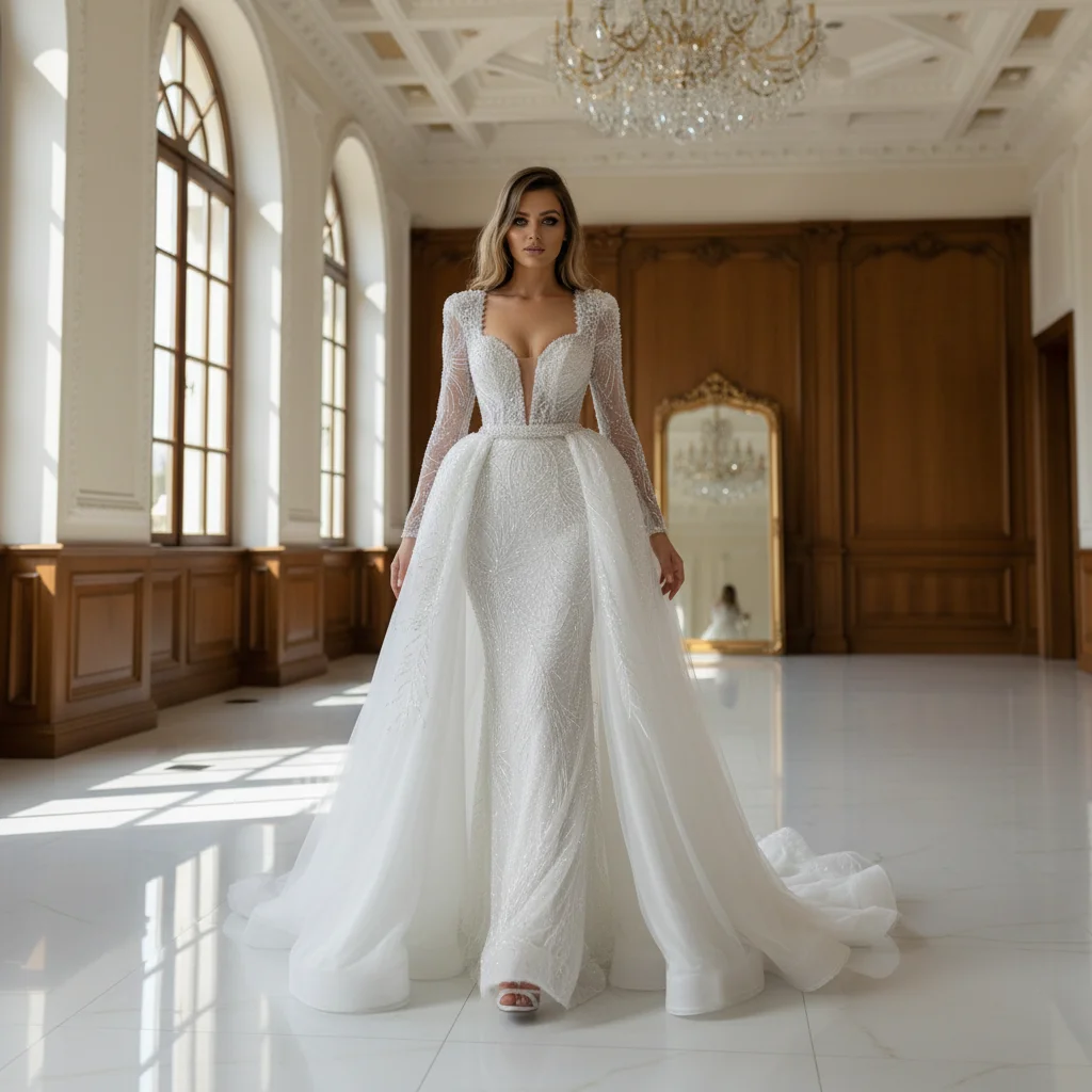 

Luxury Mermaid Wedding Dress V-neck Long Sleeve Pearl Sequins Detachable Train Bridal Gown Customizable Sexy Vestido De Novia