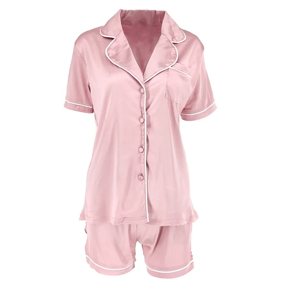 Womens Faux Silk Satin Pajamas Set Short Sleeve Two-Piece Pj Sets Sleepwear Loungewear Button-Down Plus Size Button-Down Set2024