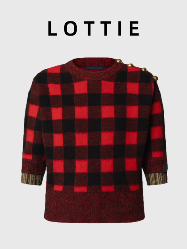 

LOTTIE High-End round Ne Knitwear ort Waist-Cinching Retro Plaid Women's Sweater Autumn Winter New Arrival Soft Wool Blend