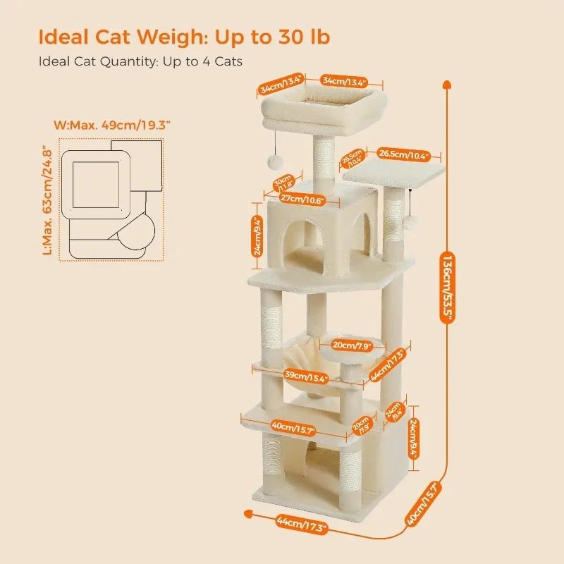 Imagem -06 - Cat Tree Tall com Redes Espaçosas Cat Tower Condomínios e Arranhões Posts Casa com Dupla Acolchoada Polegadas 35 Polegadas