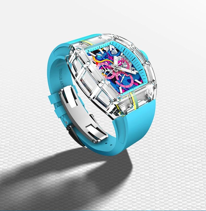 CRONUSART Orologio cronografo da uomo 50MM Tonneau Orologio da polso meccanico Cassa in zaffiro Cinturino in gomma fluorurata luminosa Grandi finestre triple