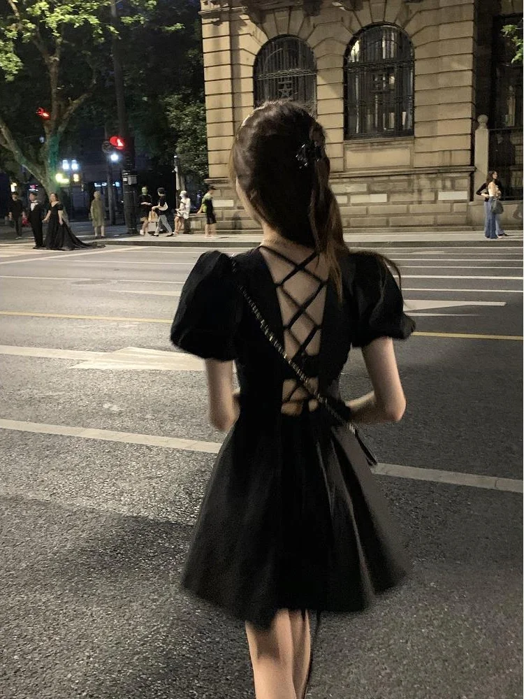 QWEEK 2022 Summer Backless Black Mini Dress Women Gothic Harajuku Wrap Puff Sleeve Dresses Short Sleeve Korean Fashion Kpop