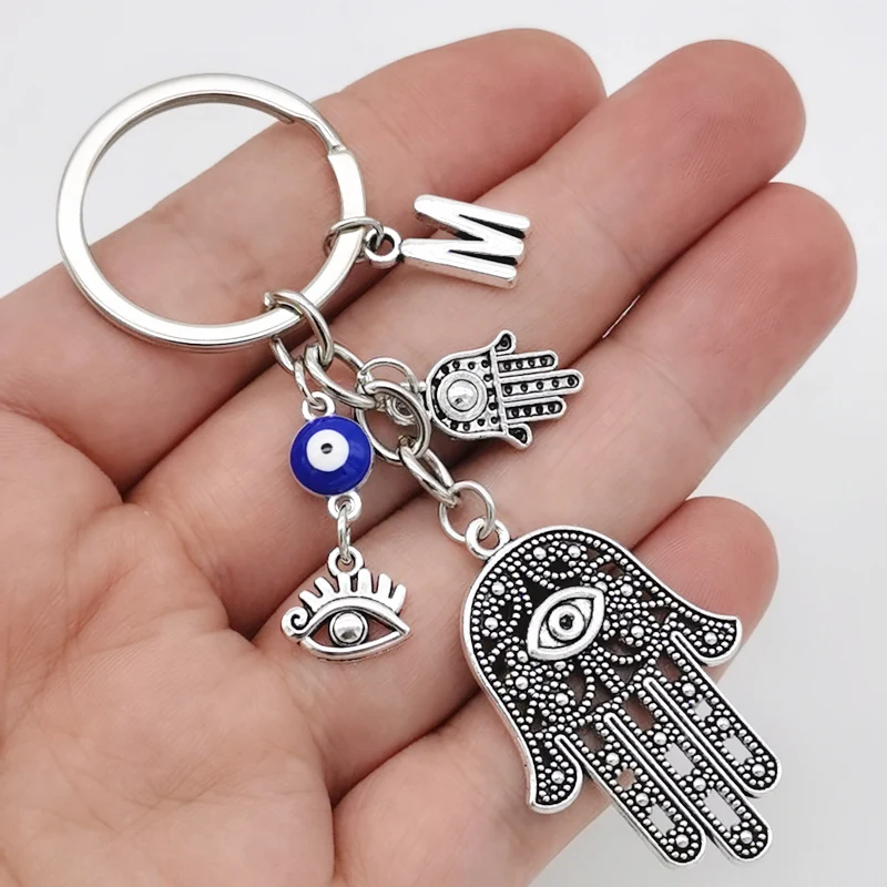 Vintage Hamsa Hand Evil Eye Keychain A-Z Letter Charm Fashion Keyring for Protection Bag Car Key Chain Lucky Gifts view 4