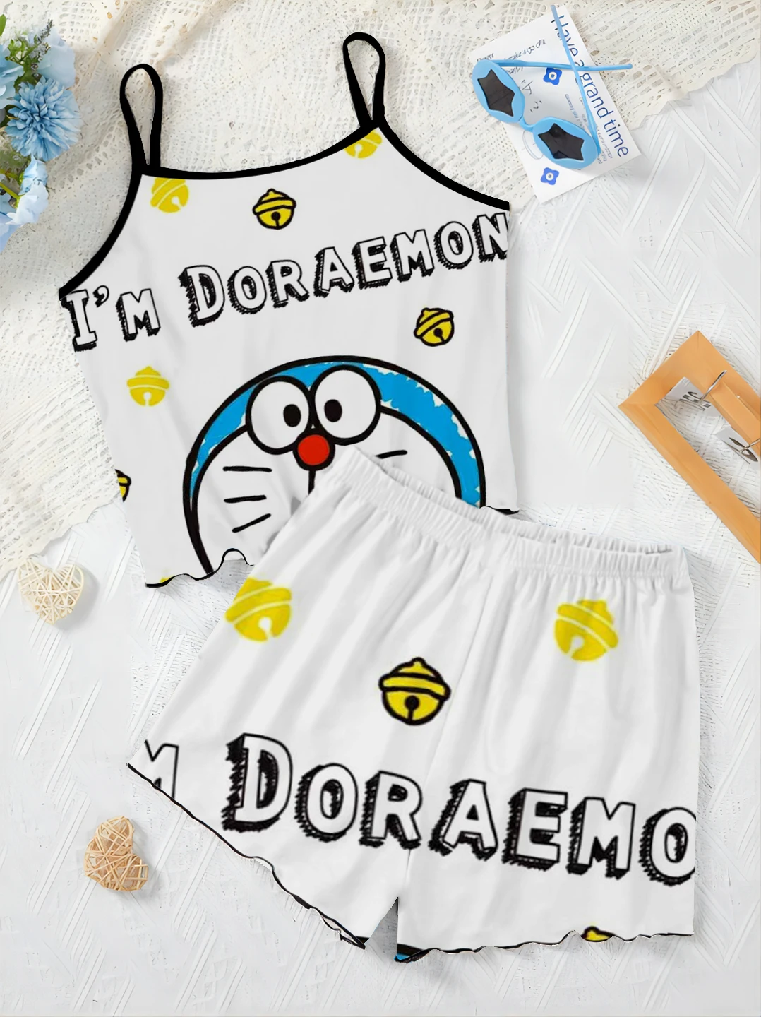 Summer Outfit Satin Surface Short Sets for Women 2 Pieces Doraemon T-shirt Top Women's Suit Home Dress Pajama Skirt Lettuce Trim