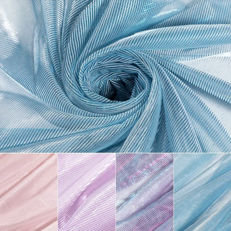Striped Laser Shiny Organza Fabric By The Meter for Decoration Clothes Dresses Sewing Soft Mesh Glitter Cloth Bright Thin Blue