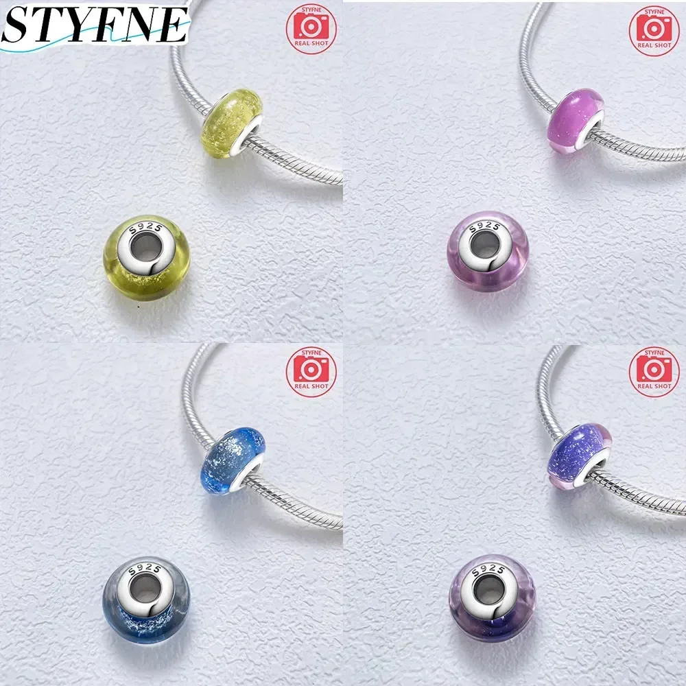 Original Sterling Silver 925 Shiny Color Mini Murano Solid Frosted Matte Glass Bead Bracelet for Women DIY Fine Jewelry Making