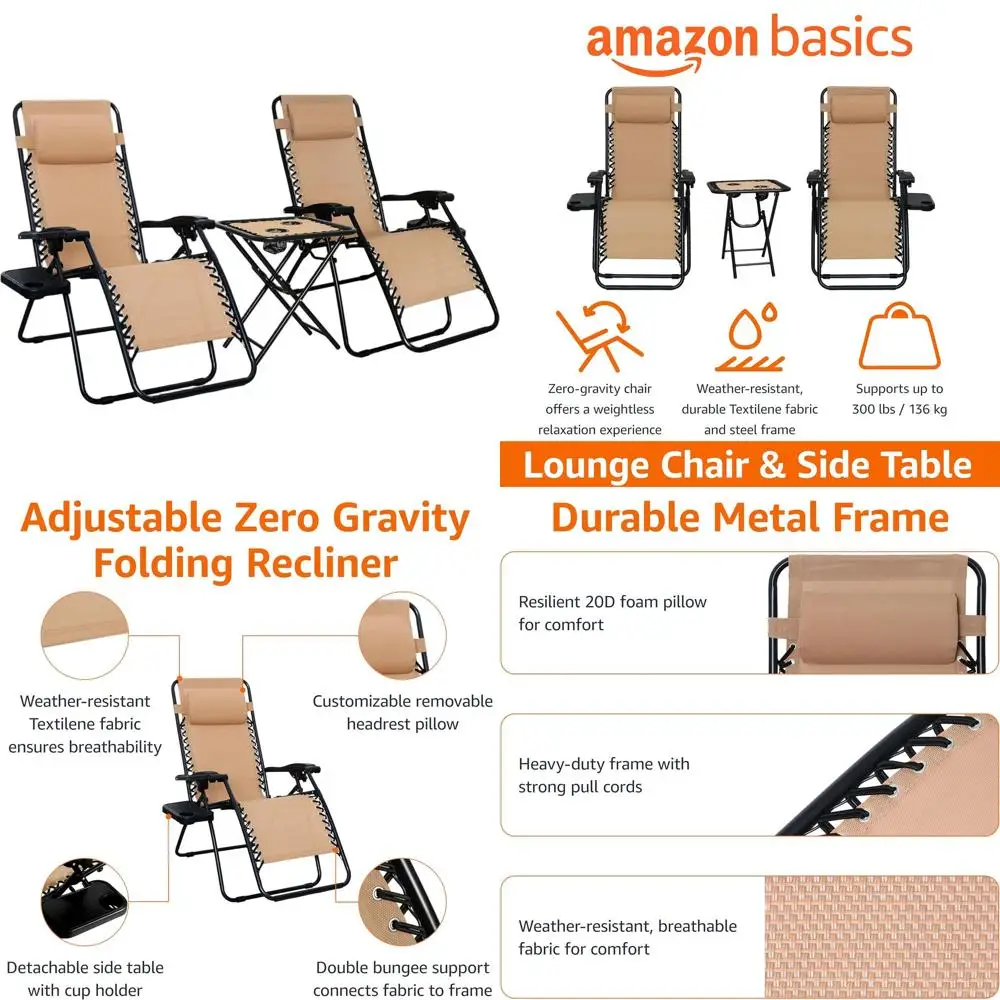 

Pair of Beige Adjustable Zero Gravity Patio Lounge Chairs with Side Table, 35 x 26 x 43