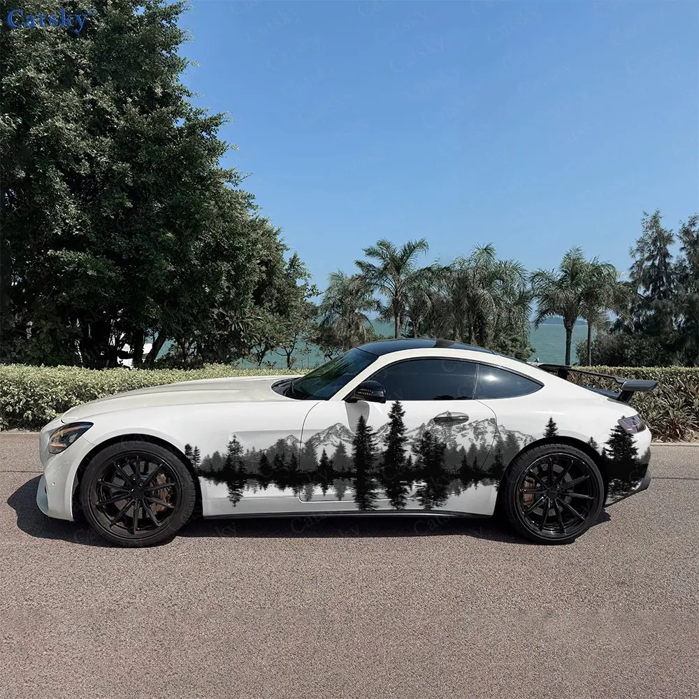 2pcs Nordic Style Mountain & Tree Car Side Wraps, Self-Adhesive PVC Waterproof & Scratch-Resistant Stickers, Car Accessory Gift