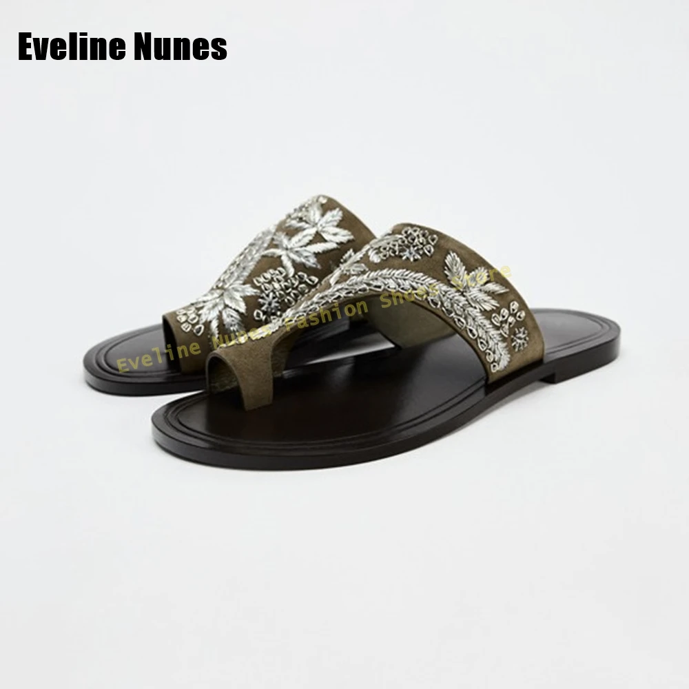 Women's Olive Green Suede Slides Clip Toe Flat with Embroidered Floral Detail Casual Slippers Summer Beach Flat Shoes 2026 Trend