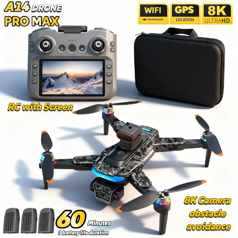 정품 A14 Pro Max GPS 브러시리스 8K 트리플 카메라 장애물 회피 접이식 쿼드콥터 RC (스크린 포함) 거리 조종 드론 장난감