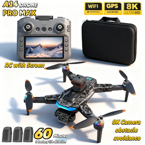 Dron Cuadricóptero Plegable A14 Pro Max Original con GPS, Sin Escobillas, 8K, Tres Cámaras, Evitación de Obstáculos, con Pantalla, Control Remoto, Juguetes