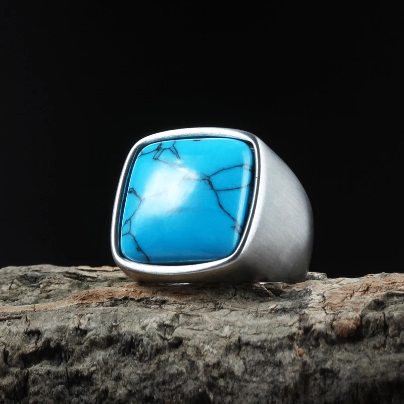 Vintage Antique Natural Stone Ring Gift Blue Turquoises Tiger Eye Finger Ring Viking Norse Mythology Party Engagement Jewelry